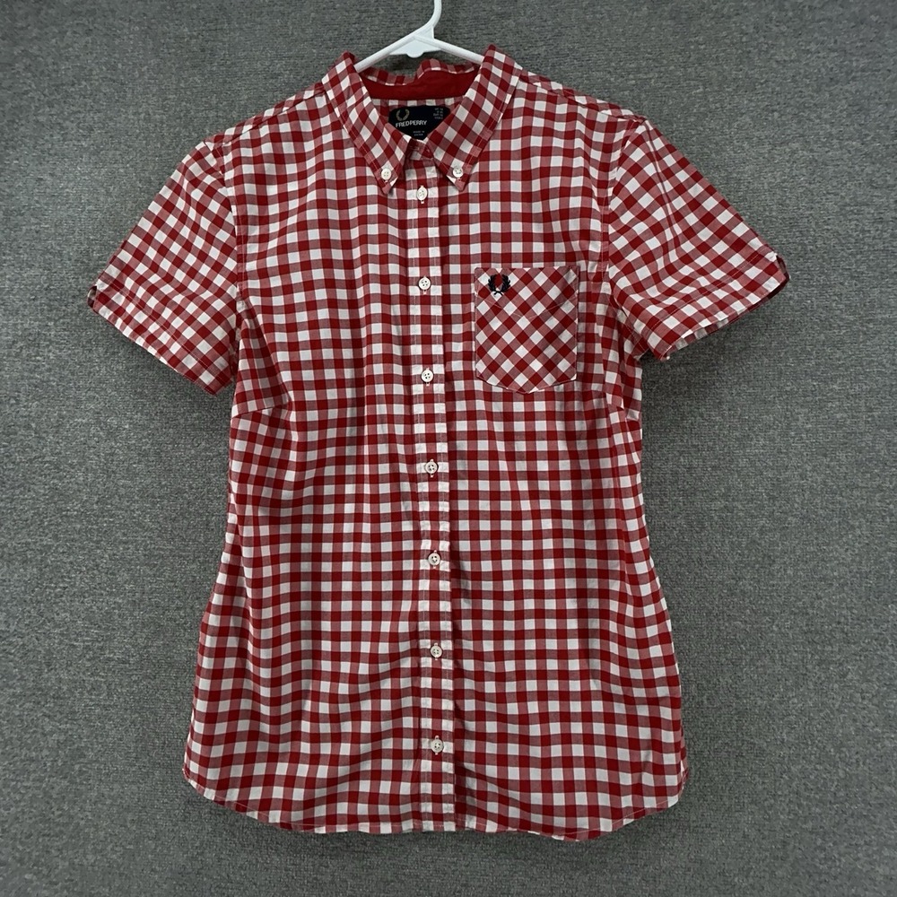 Fred Perry Shirt Top Women Size 6 Red Gingham Short Sleeve Casual